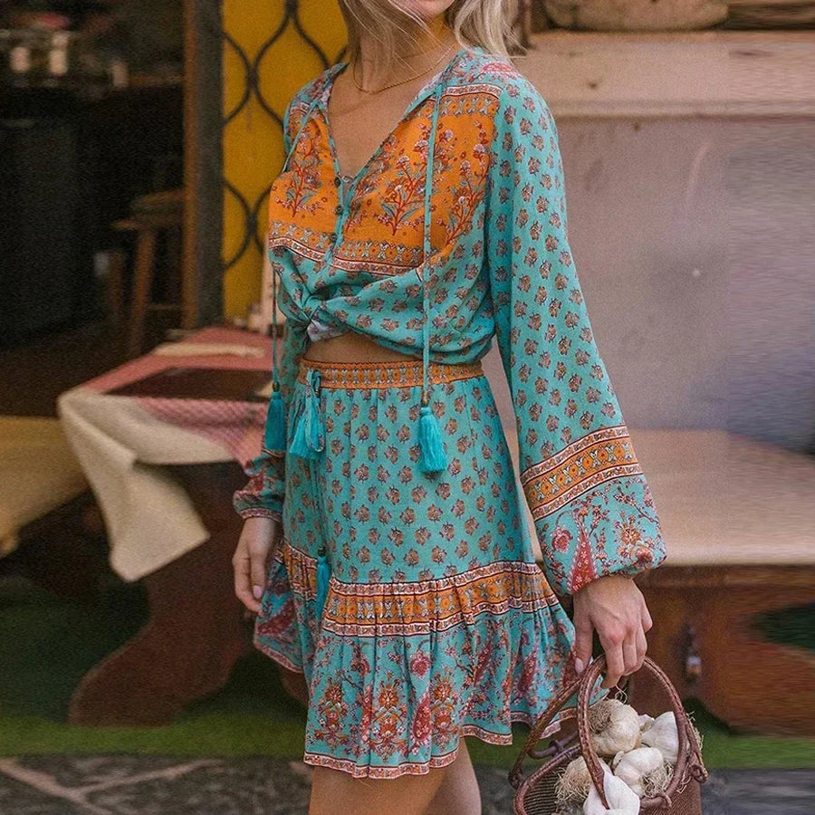 Long Sleeve Floral Print V-Neck Tassel Boho Blouse