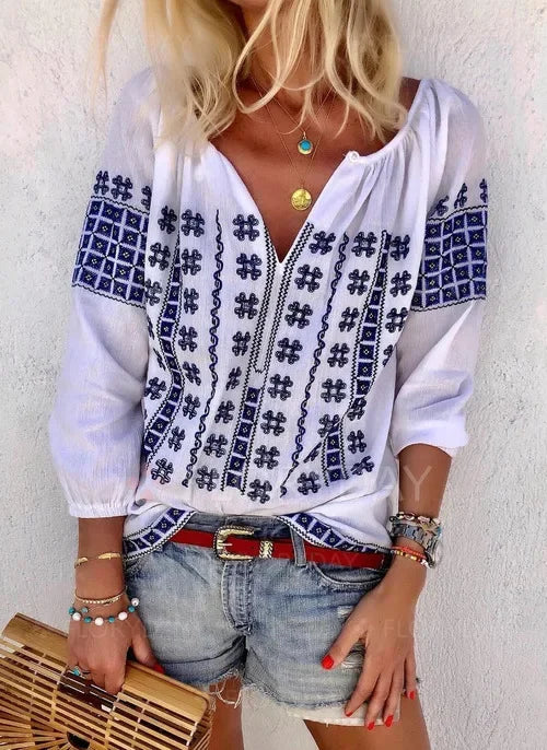 White Cotton Embroidery V-Neck Loose Pullover Boho Blouse
