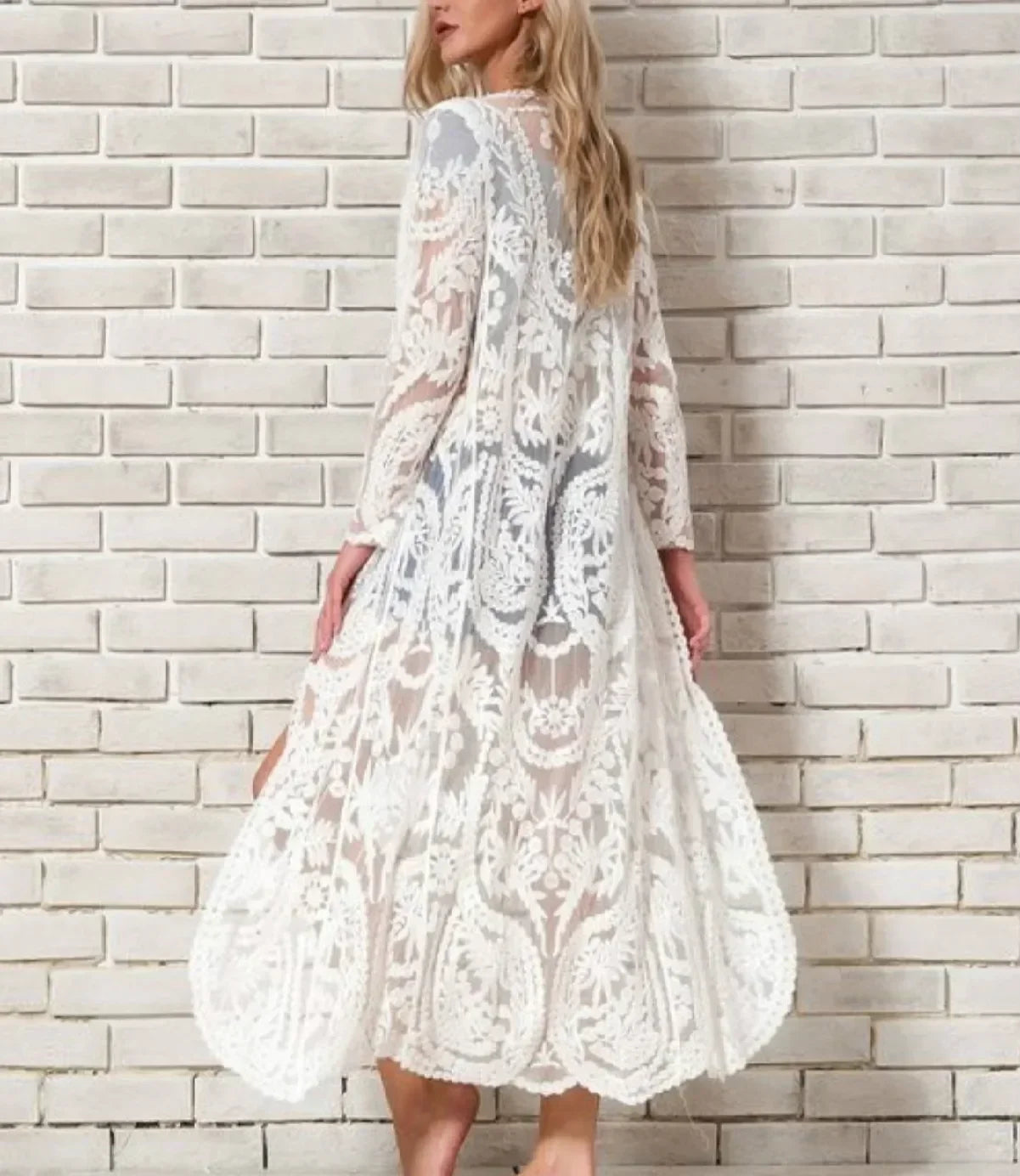 White Lace Floral Embroidery Boho Cover up - Fashionpara