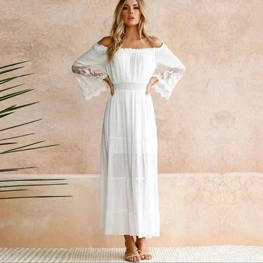 Off Shoulder Lace Flare Sleeve Tiered Maxi Dress