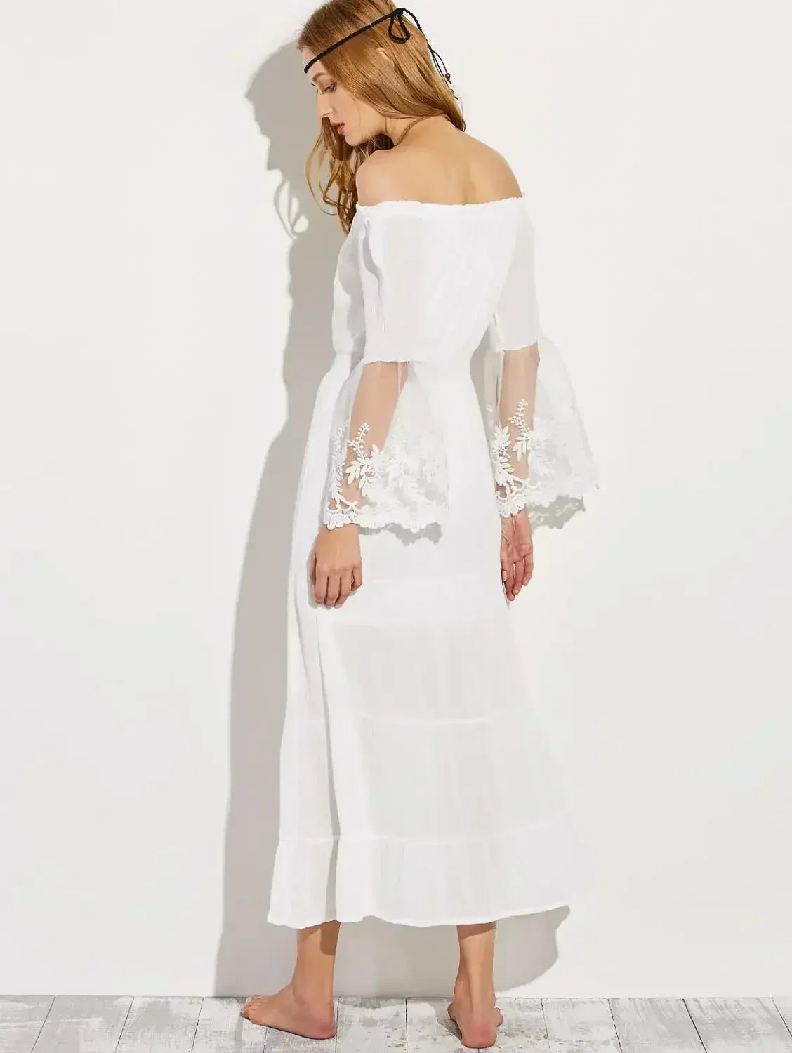 Off Shoulder Lace Flare Sleeve Tiered Maxi Dress