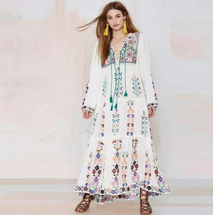 Embroidered V-Neck Long Sleeve Tiered Maxi Dress