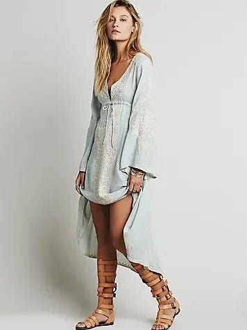 Long Sleeve Floral Embroidered Cotton Boho Dress