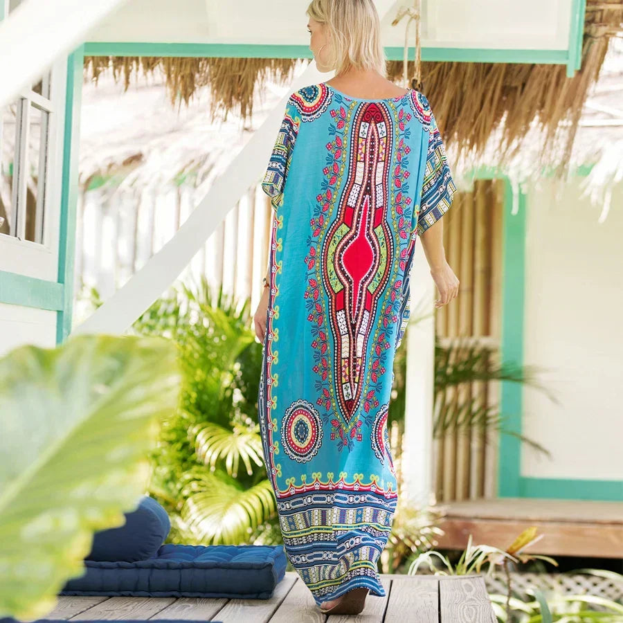 Ethnic Print V-Neck Batwing Sleeve Kaftan Maxi Dress