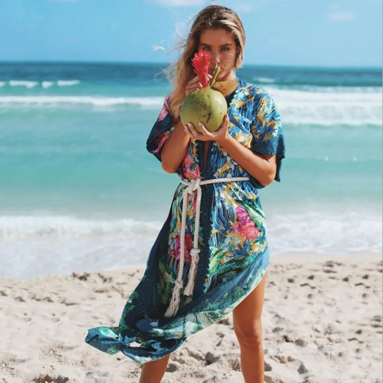 Floral Print V-Neck Belted Wrap Maxi Dress