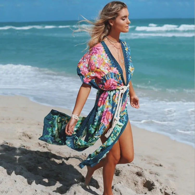 Floral Print V-Neck Belted Wrap Maxi Dress