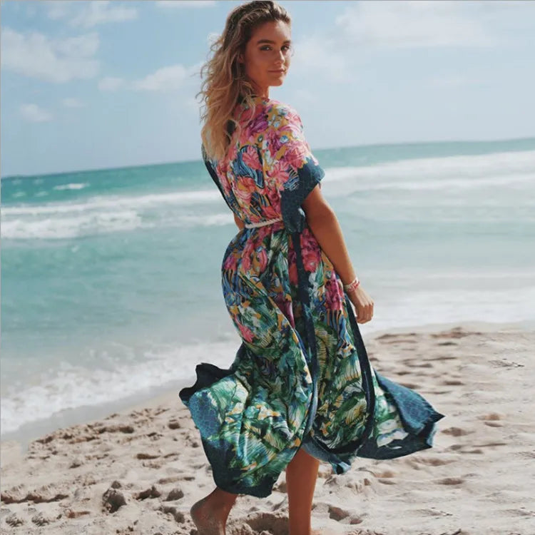 Floral Print V-Neck Belted Wrap Maxi Dress