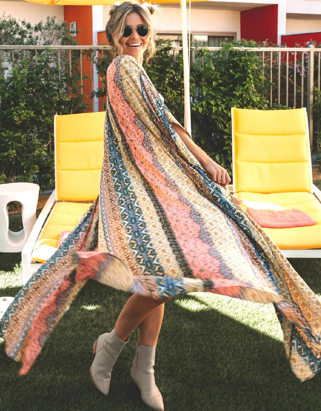 Tassel Lace-up Kimono Cotton Printed Bikini Cover up