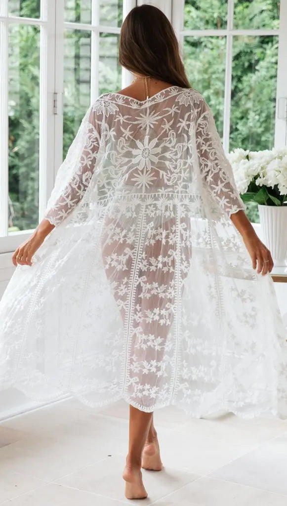 Elegant White Lace Boho Cardigan Bikini Cover Up