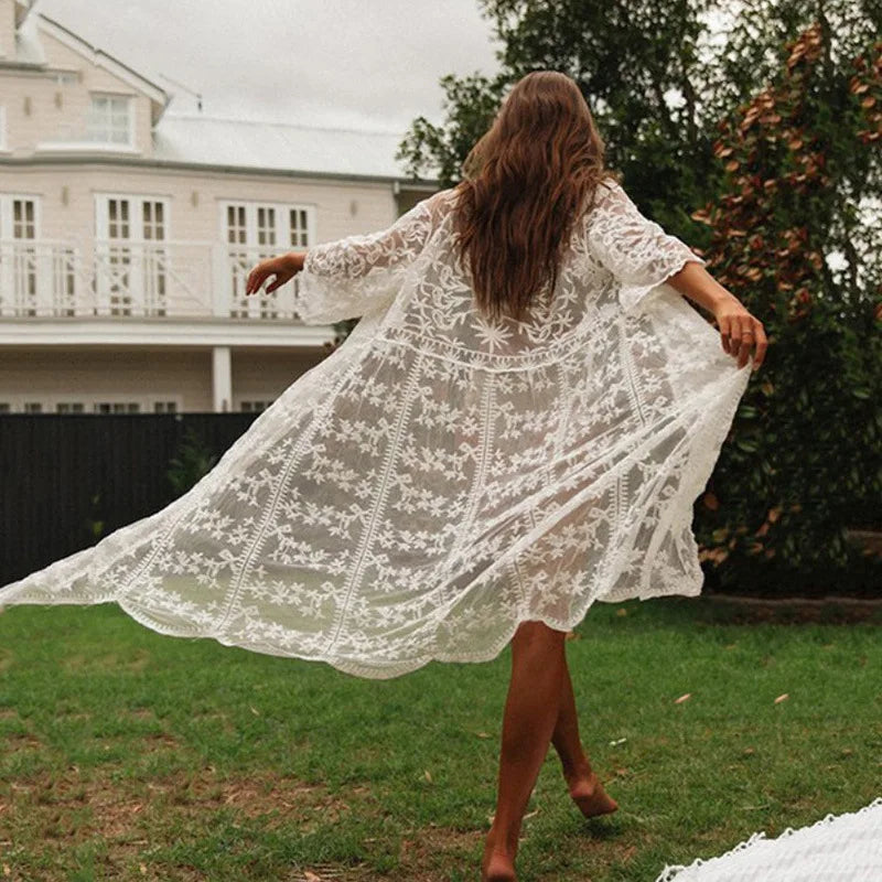 Elegant White Lace Boho Cardigan Bikini Cover Up