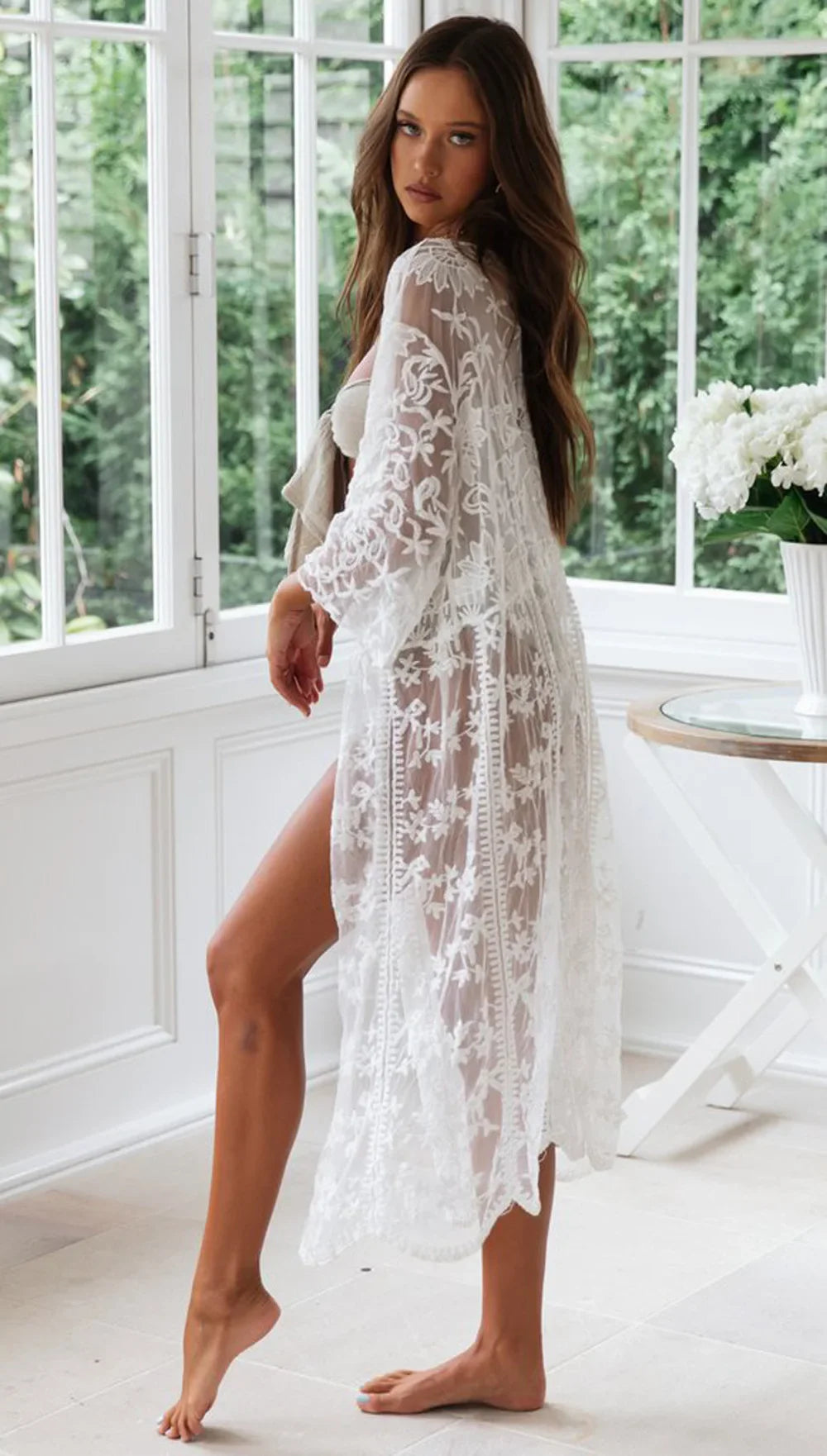 Elegant White Lace Boho Cardigan Bikini Cover Up