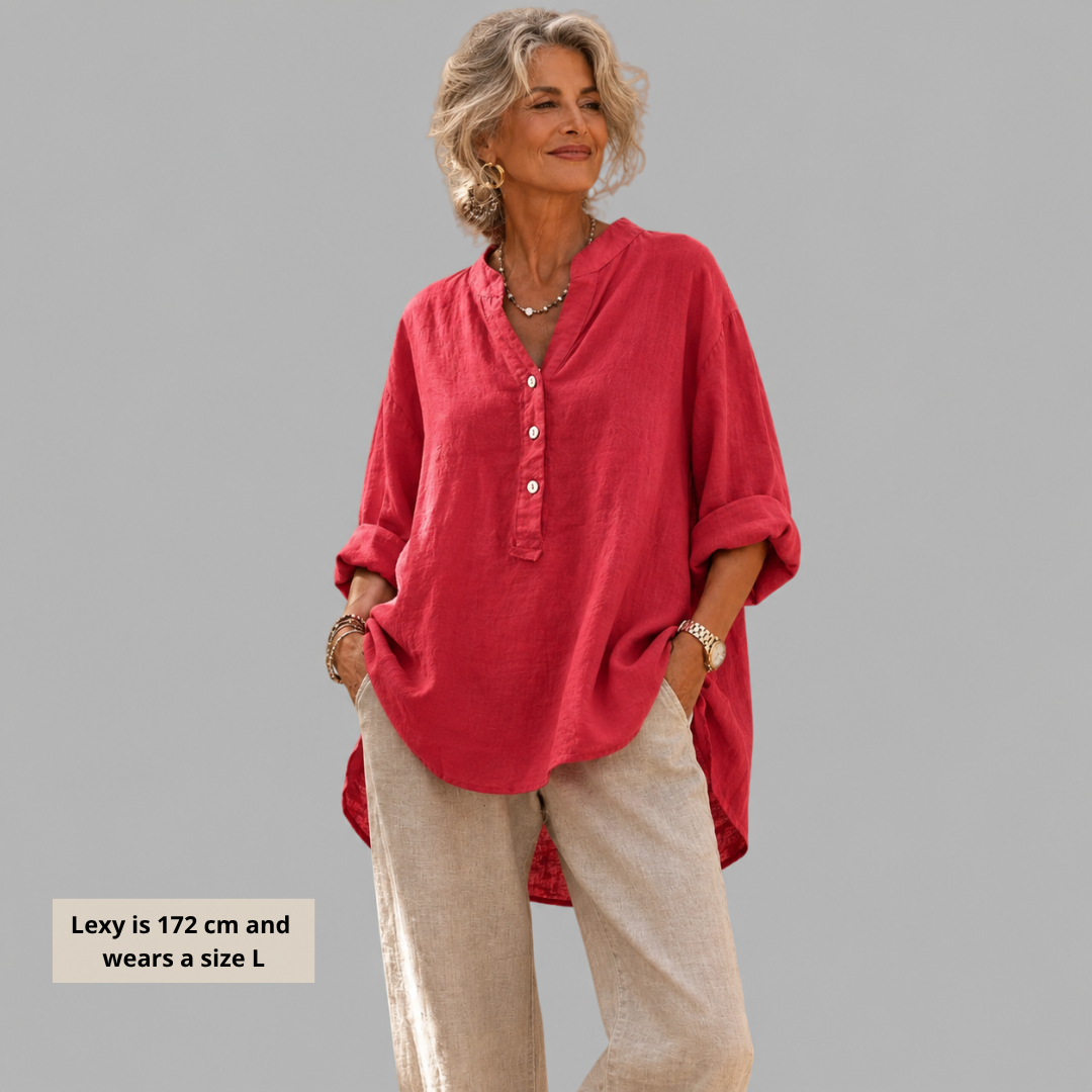 Notch Neck Button Front Long Sleeve Linen Blouse 2