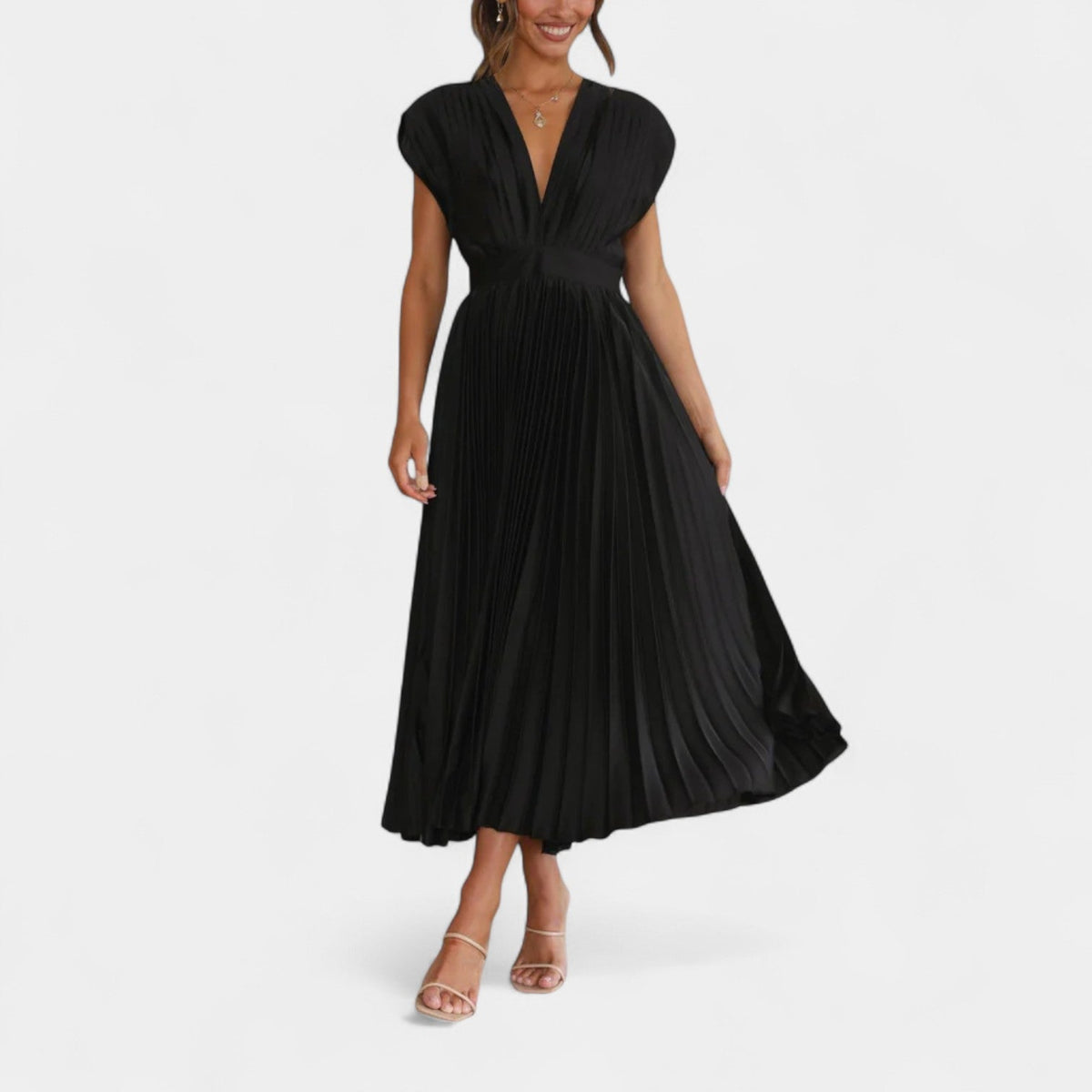 Satin Pleated Deep V-Neck Cap Sleeve Fit and Flare Midi Dress 11