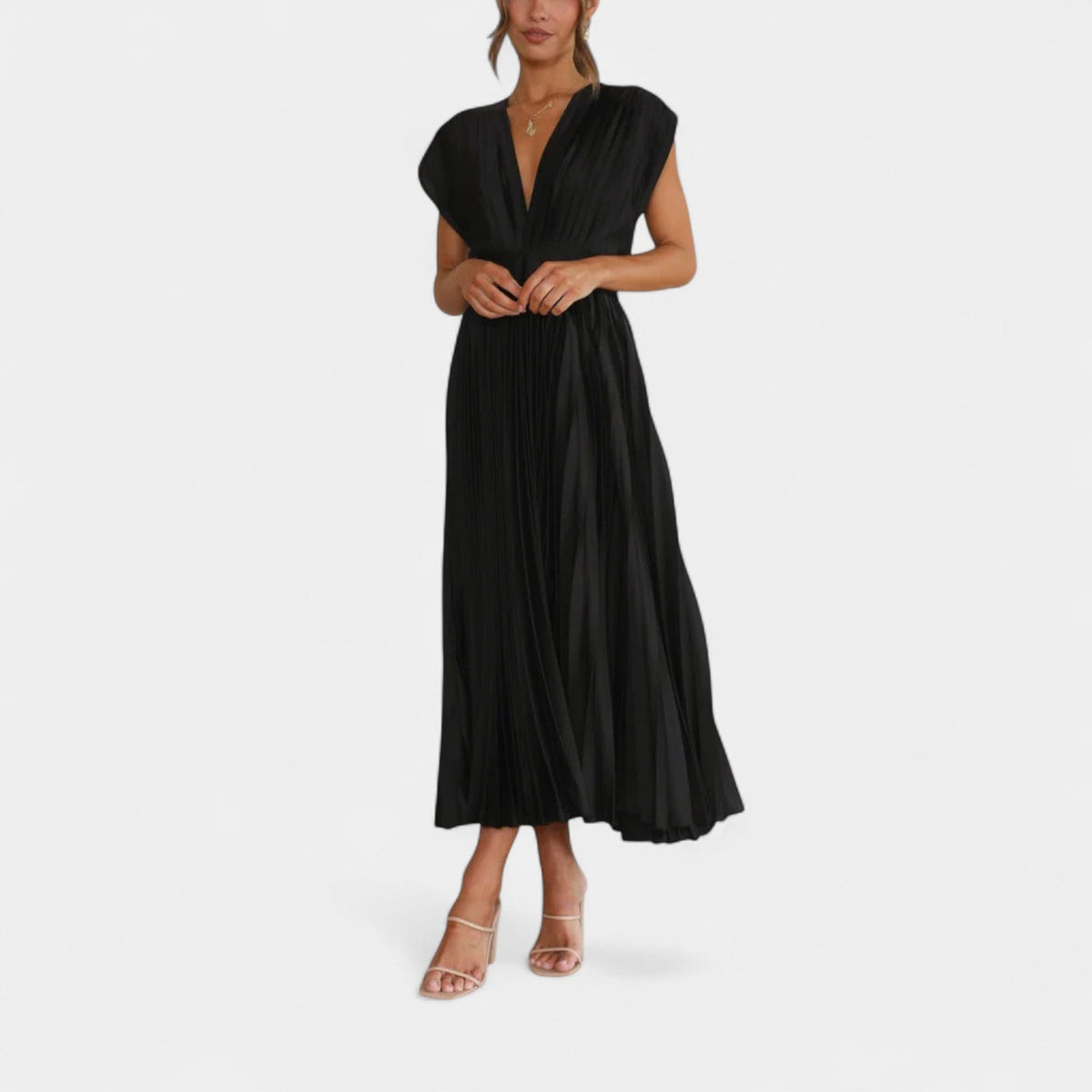 Satin Pleated Deep V-Neck Cap Sleeve Fit and Flare Midi Dress 12