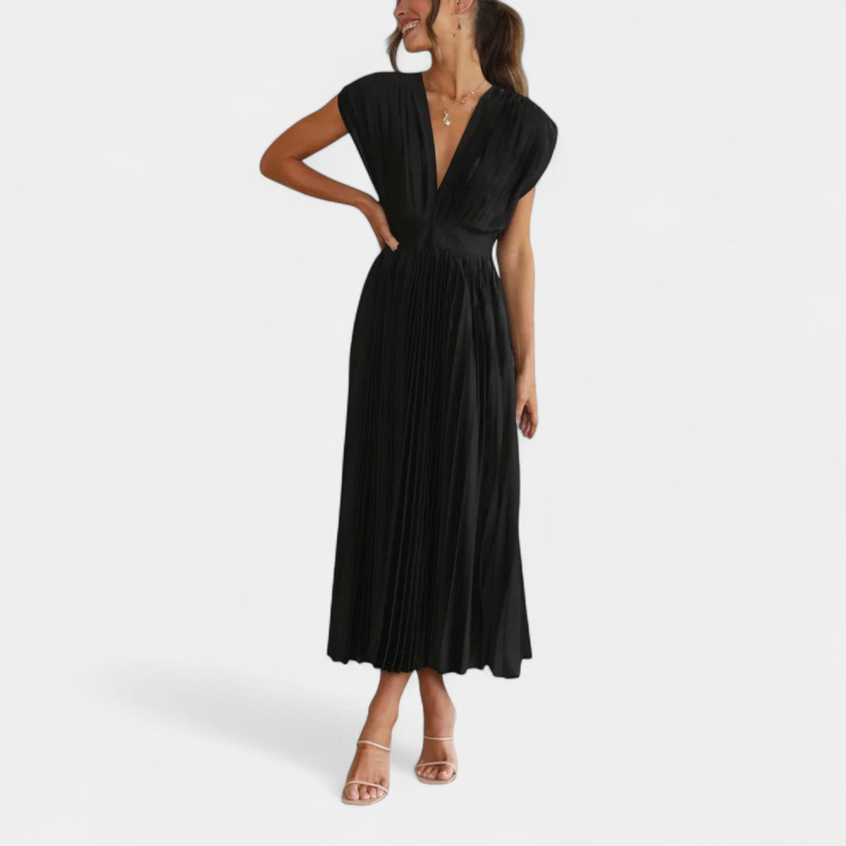 Satin Pleated Deep V-Neck Cap Sleeve Fit and Flare Midi Dress 8