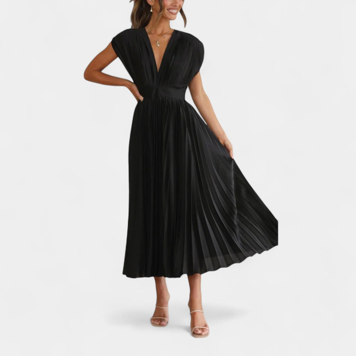 Satin Pleated Deep V-Neck Cap Sleeve Fit and Flare Midi Dress 9
