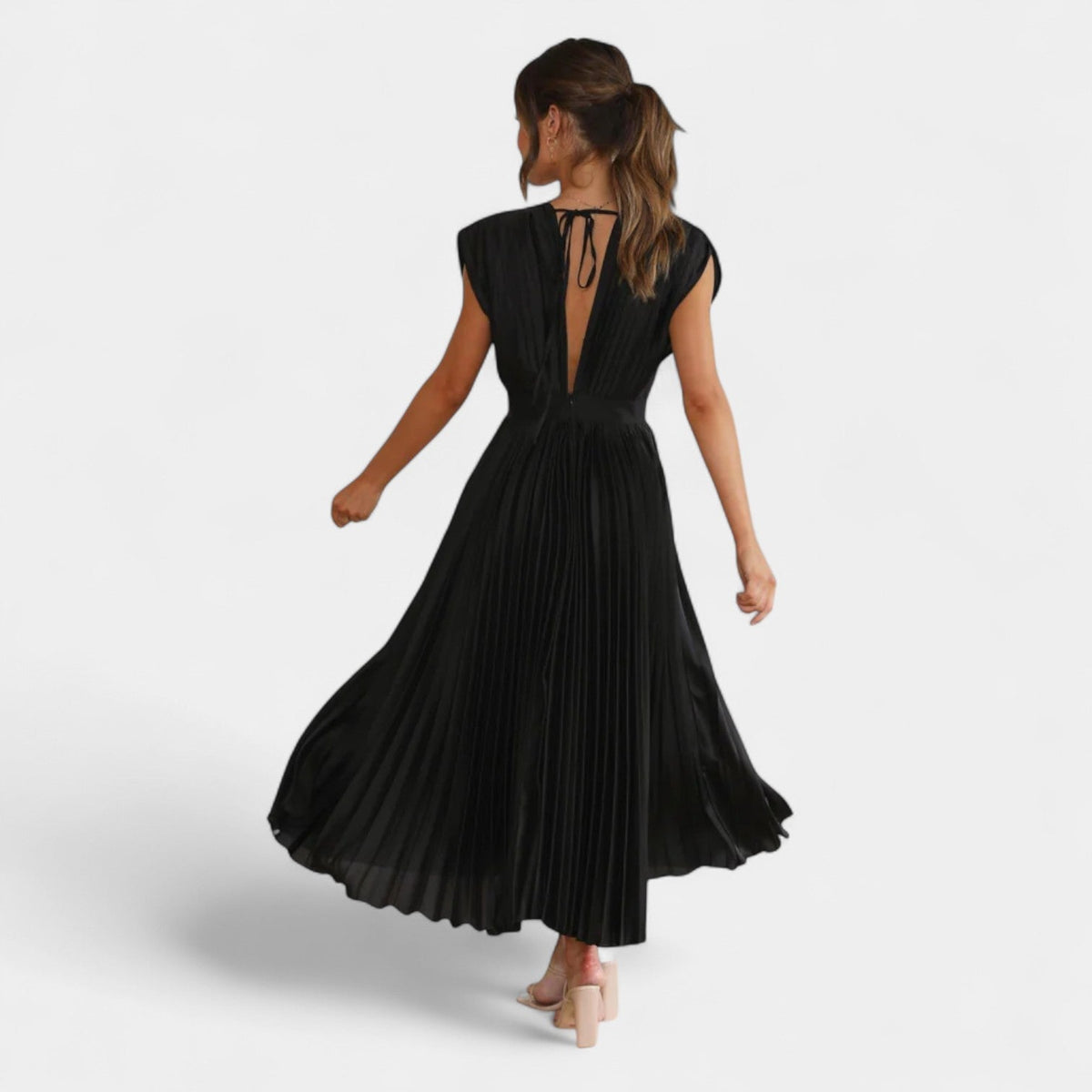 Satin Pleated Deep V-Neck Cap Sleeve Fit and Flare Midi Dress 10