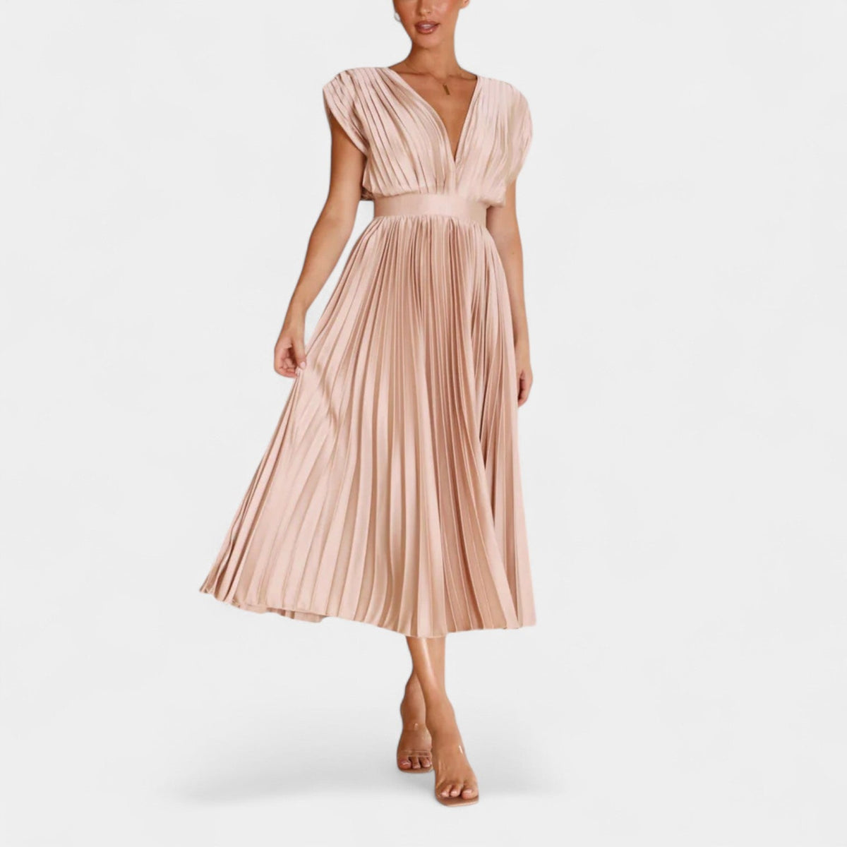 Satin Pleated Deep V-Neck Cap Sleeve Fit and Flare Midi Dress 5