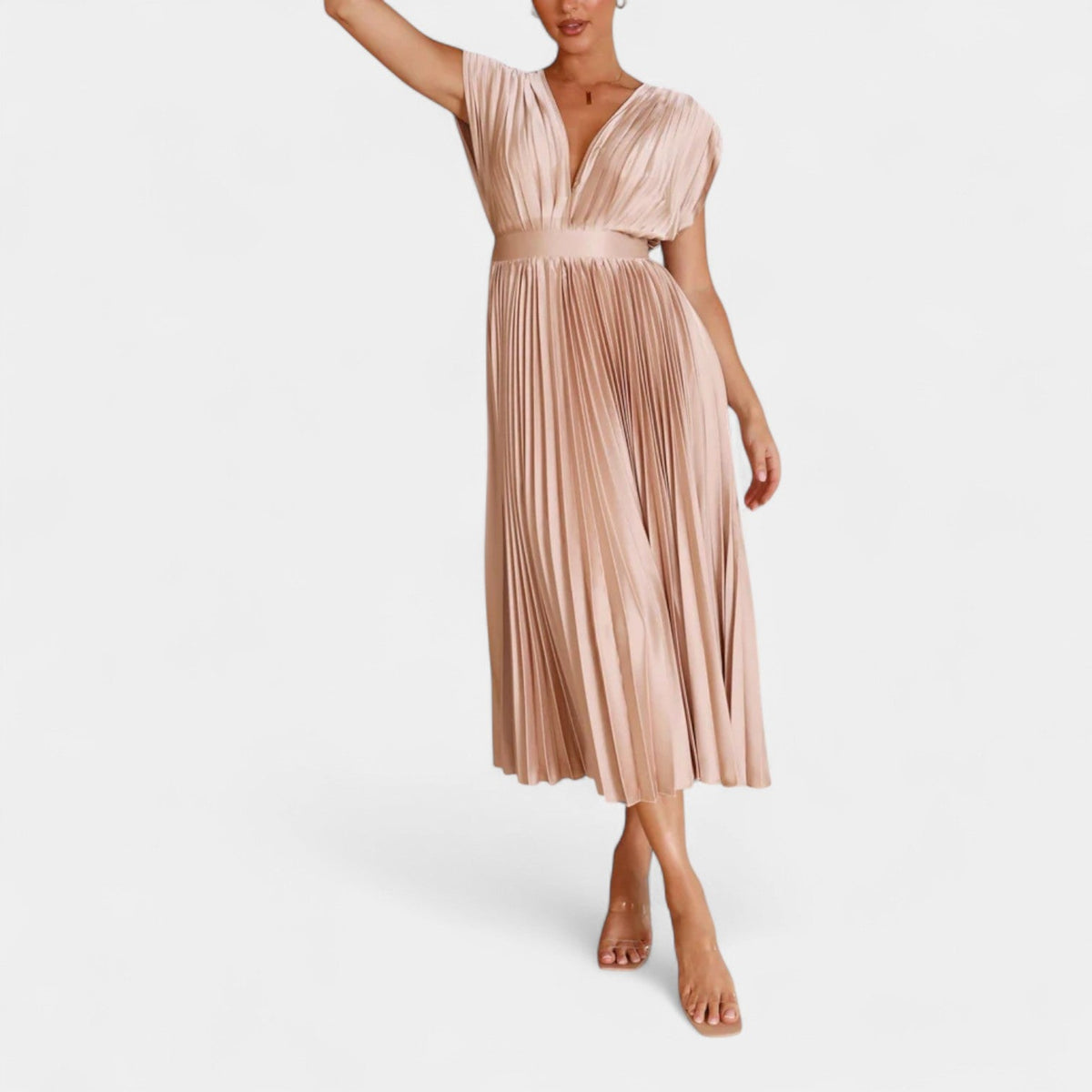Satin Pleated Deep V-Neck Cap Sleeve Fit and Flare Midi Dress 6