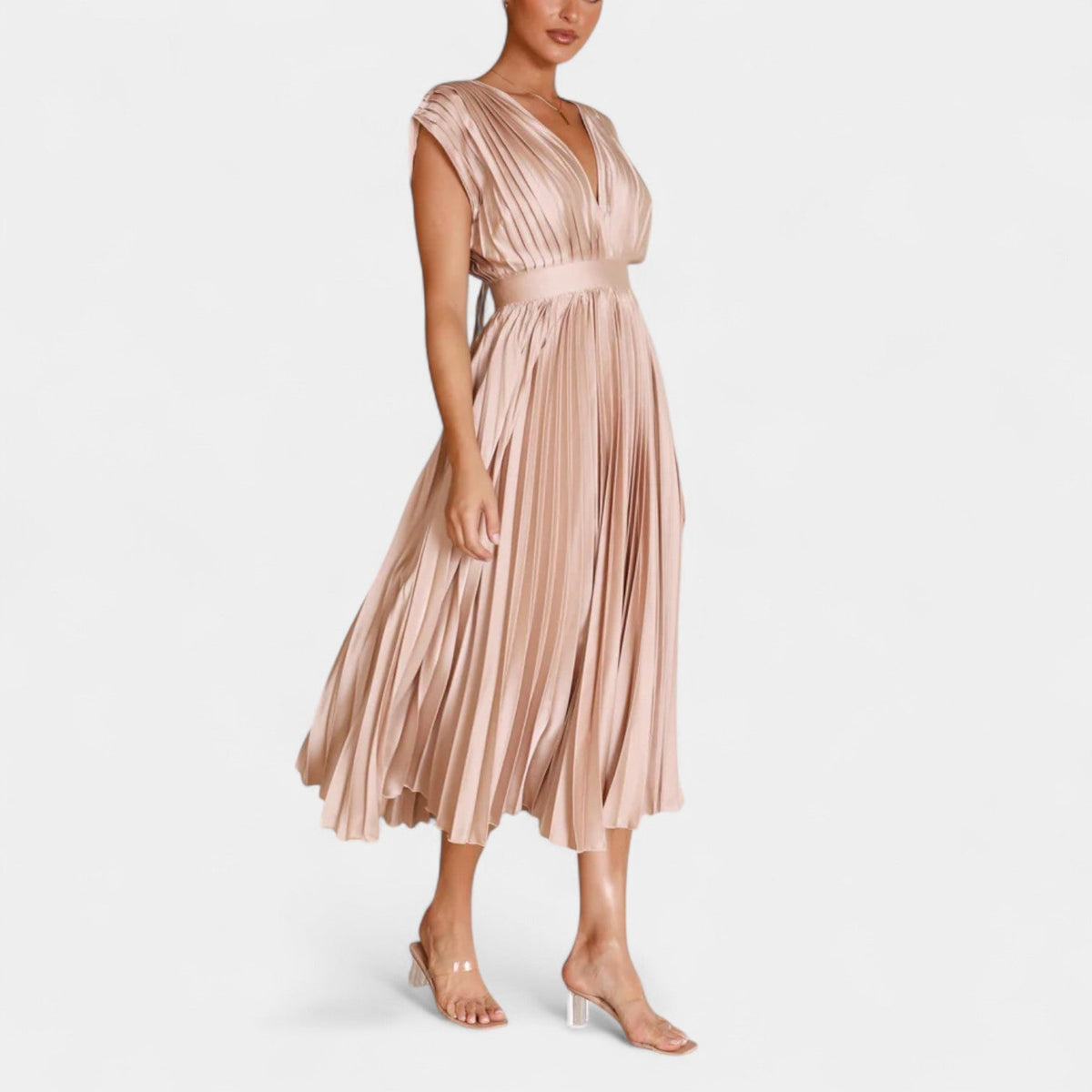 Satin Pleated Deep V-Neck Cap Sleeve Fit and Flare Midi Dress 7