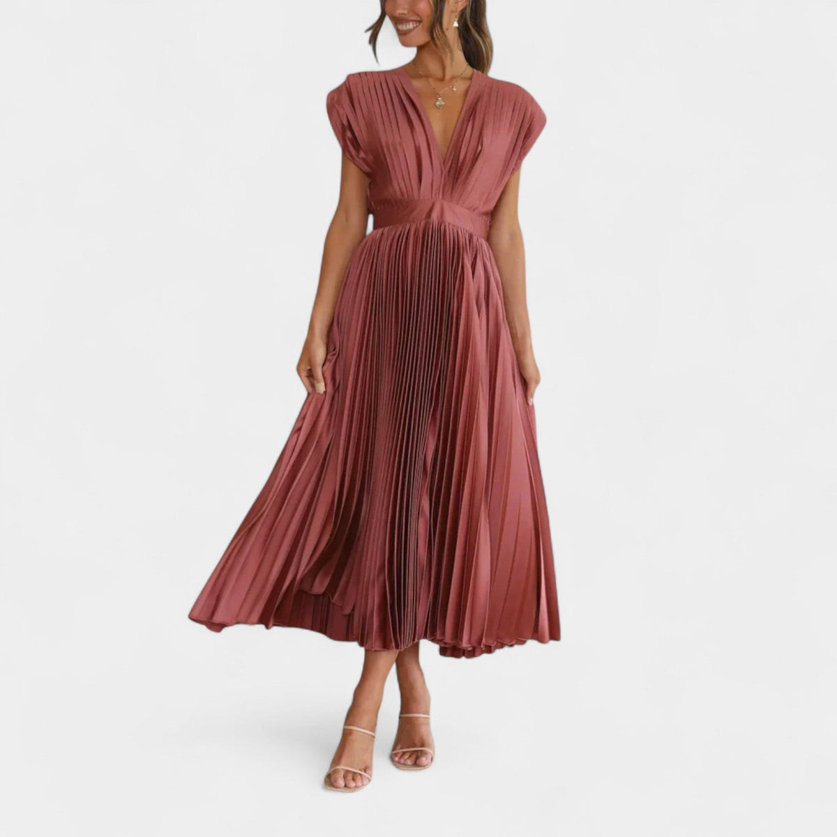 Satin Pleated Deep V-Neck Cap Sleeve Fit and Flare Midi Dress
