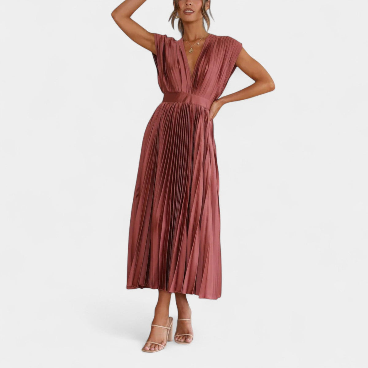 Satin Pleated Deep V-Neck Cap Sleeve Fit and Flare Midi Dress 2