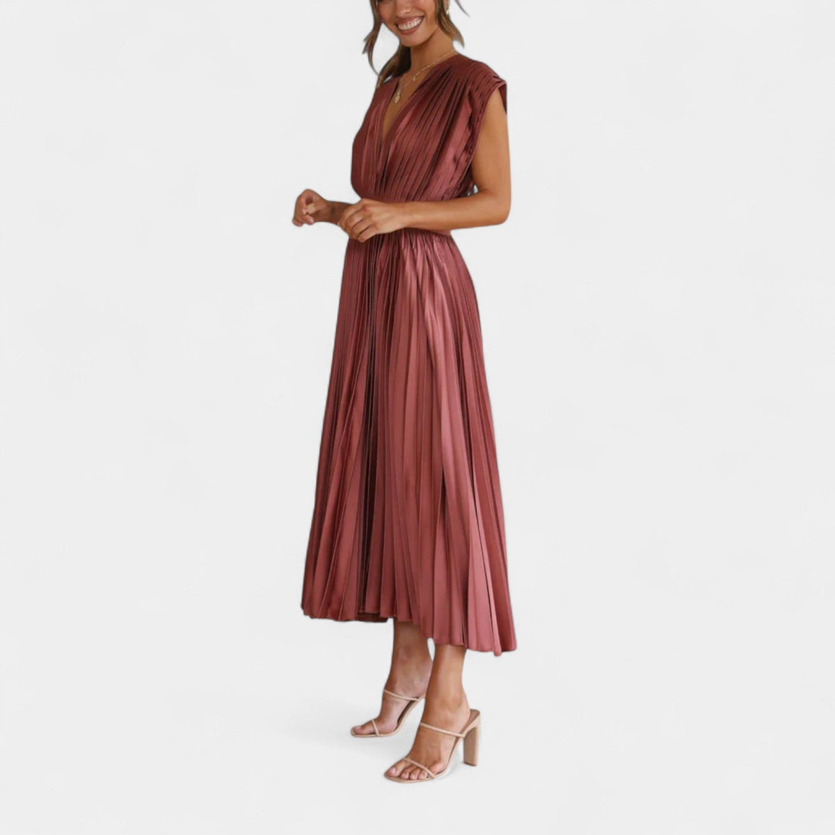 Satin Pleated Deep V-Neck Cap Sleeve Fit and Flare Midi Dress 4