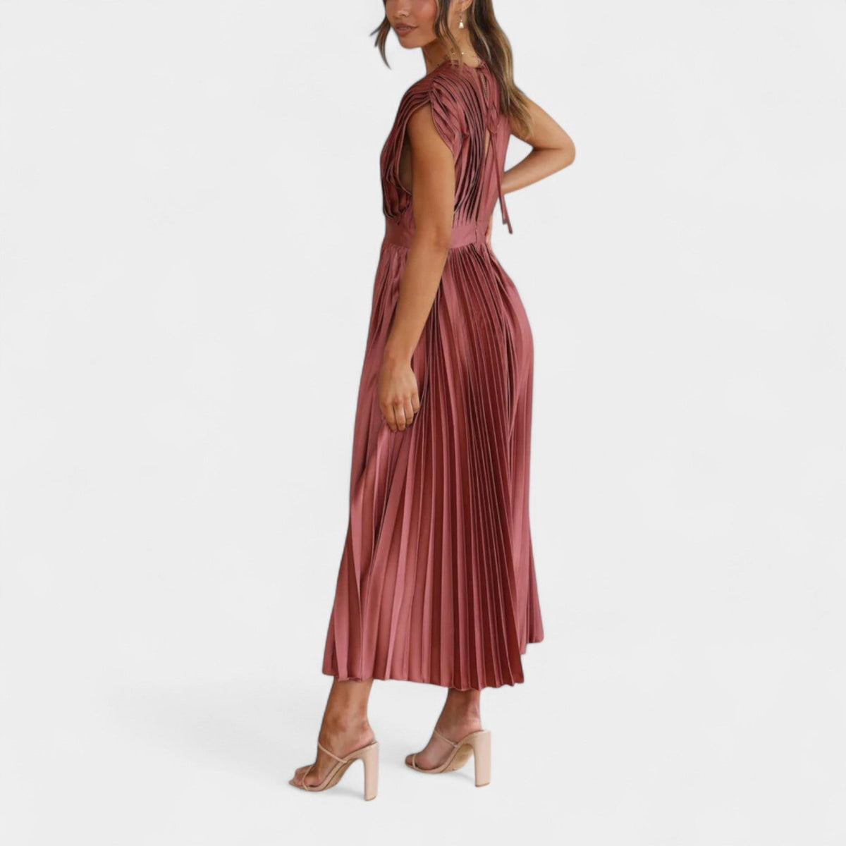 Satin Pleated Deep V-Neck Cap Sleeve Fit and Flare Midi Dress 3