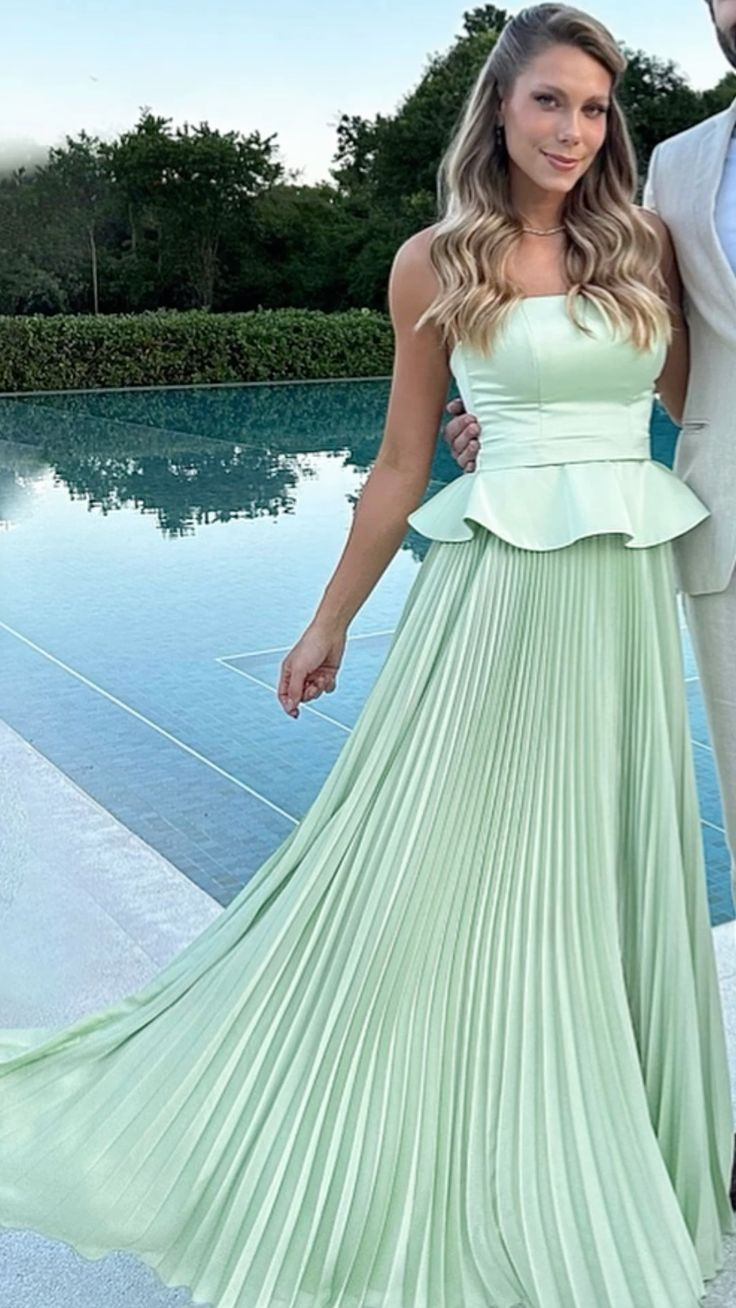 Cute Light Green Strapless Satin Chiffon Pleated Long Party Dress Formal Wedding Guest Dress D1145
