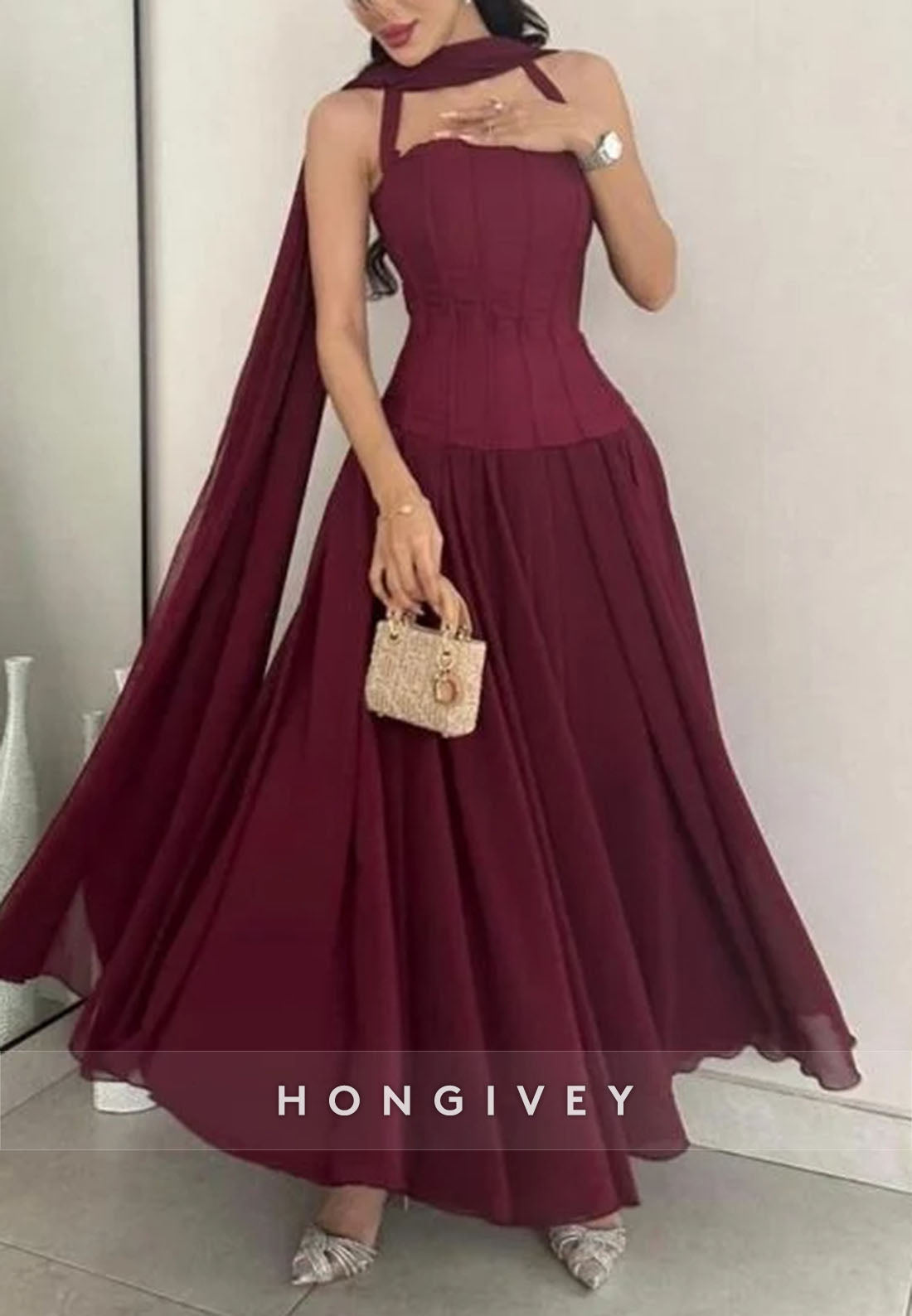 Pleated A-line Ankle-Length Silk Ribbon Halter Evening Gown