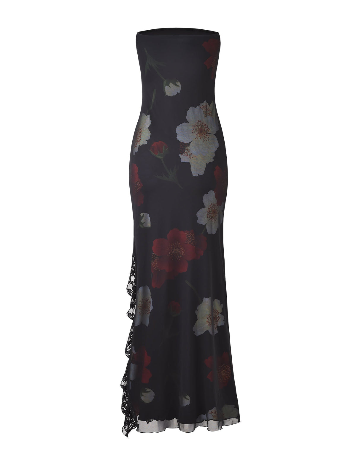 Floral Mesh Strapless High Split Ruffle Maxi Dress 8