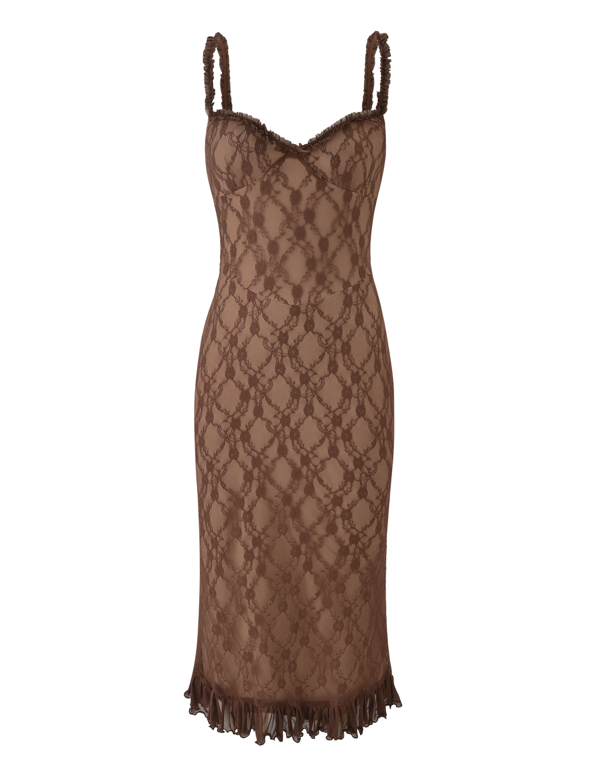 Floral Lace Scoop Neck Bow Ruffle Strap Tiered Bodycon Midi Dress - View 8