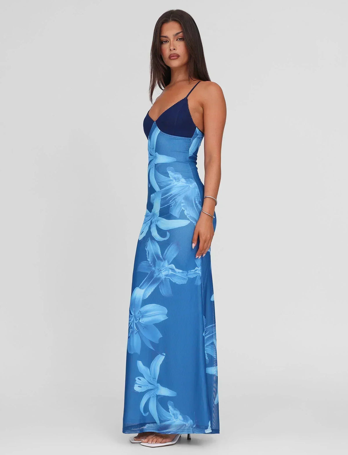 Floral Mesh V-Neck Spaghetti Strap Maxi Dress 3
