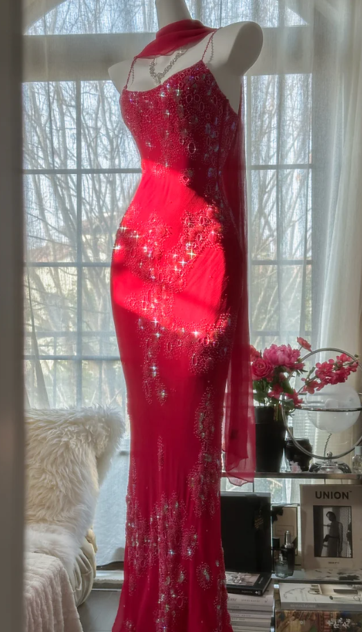 Pretty Red Spaghetti Straps Chiffon Beaded Mermaid Evening Dress Long Birthday Party Dress Prom Gown D1789