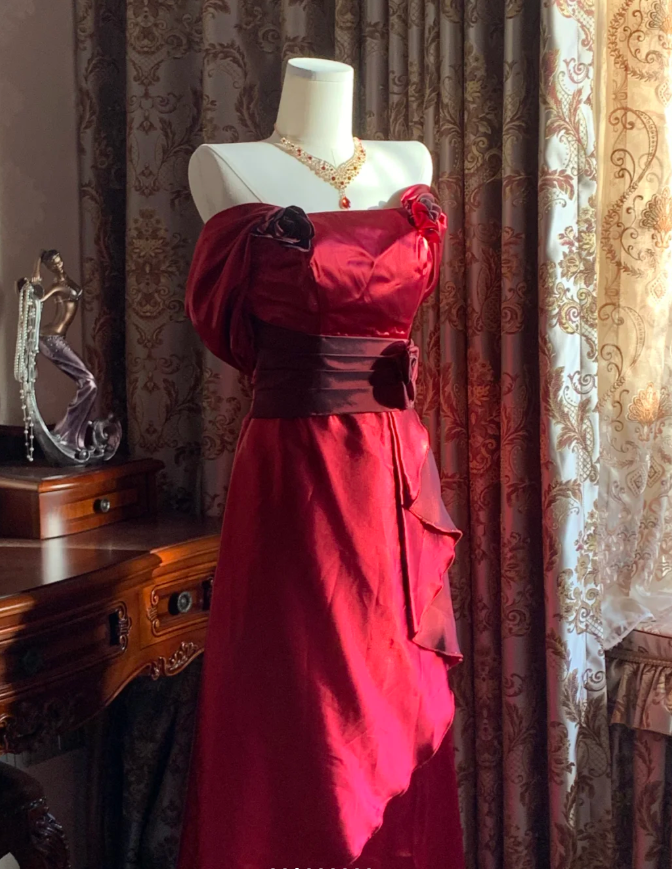 Stylish Burgundy Satin Ruffles Long Party Dress Evening Gown D1777