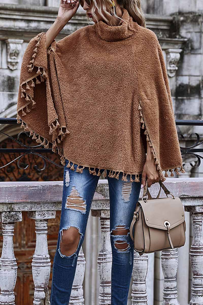 Florcoo Loose High Neck Cape Coat With Fringed