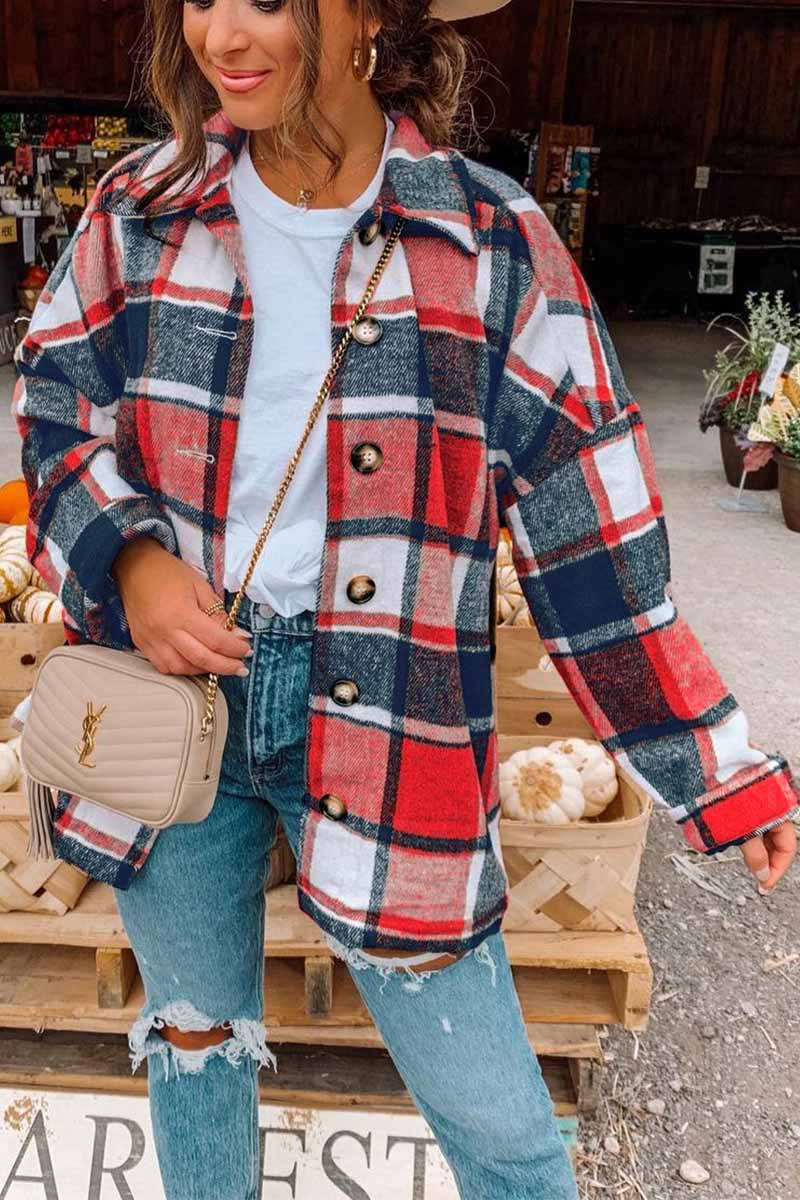 Florcoo Fashion Big Plaid Coat Coat Tops(6 Colors)