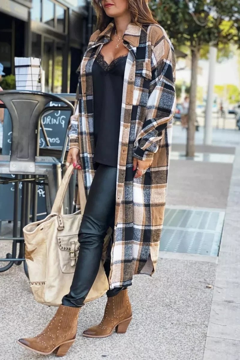 Florcoo Lapel Plaid Coat Tops