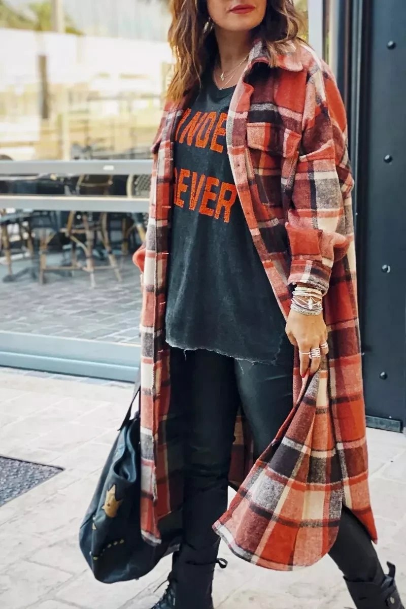 Florcoo Lapel Plaid Coat Tops