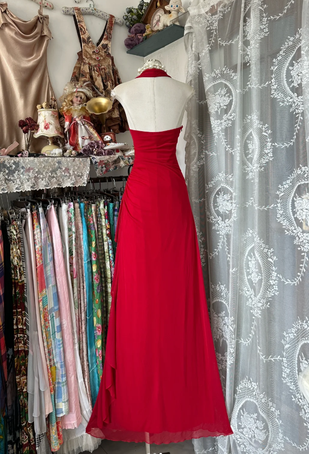 Charming Halter Red Chiffon Beaded Evening Dress Long Mermaid Party Gown  D1522