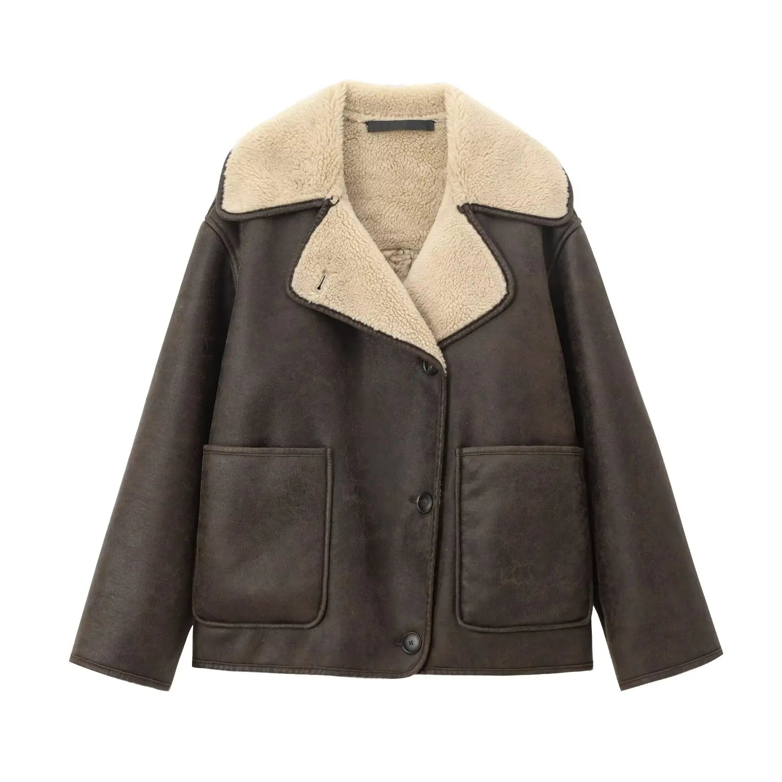 Plush Faux Leather Single-Breasted Overcoat