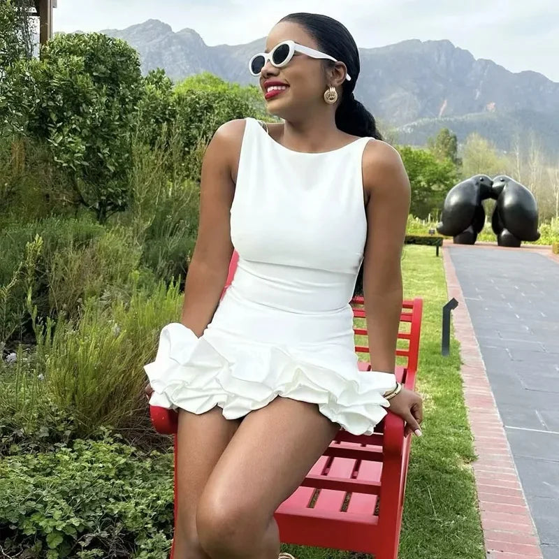 Ruffle Backless Bodycon White Black Red Mini Dress