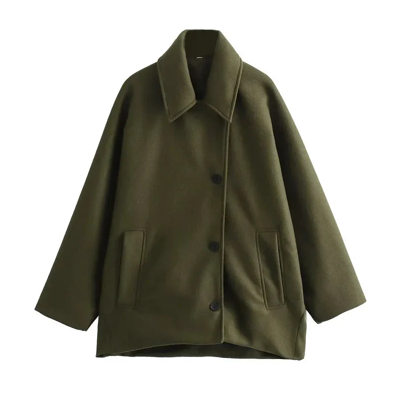 Wool Blends Khaki Green Long Sleeve Overcoat