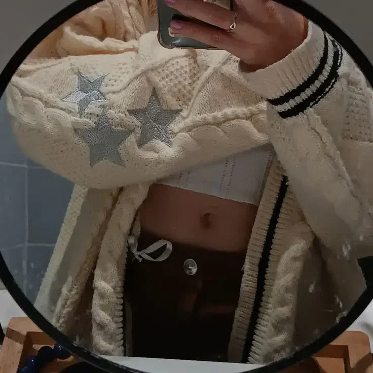 Star Embroidery Knit Button-up Cardigan