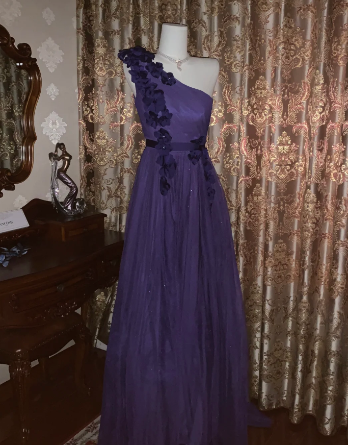 Elegant Purple One Shoulder Tulle Appliques A Line Wedding Guest Dress Long Party Dress D1721