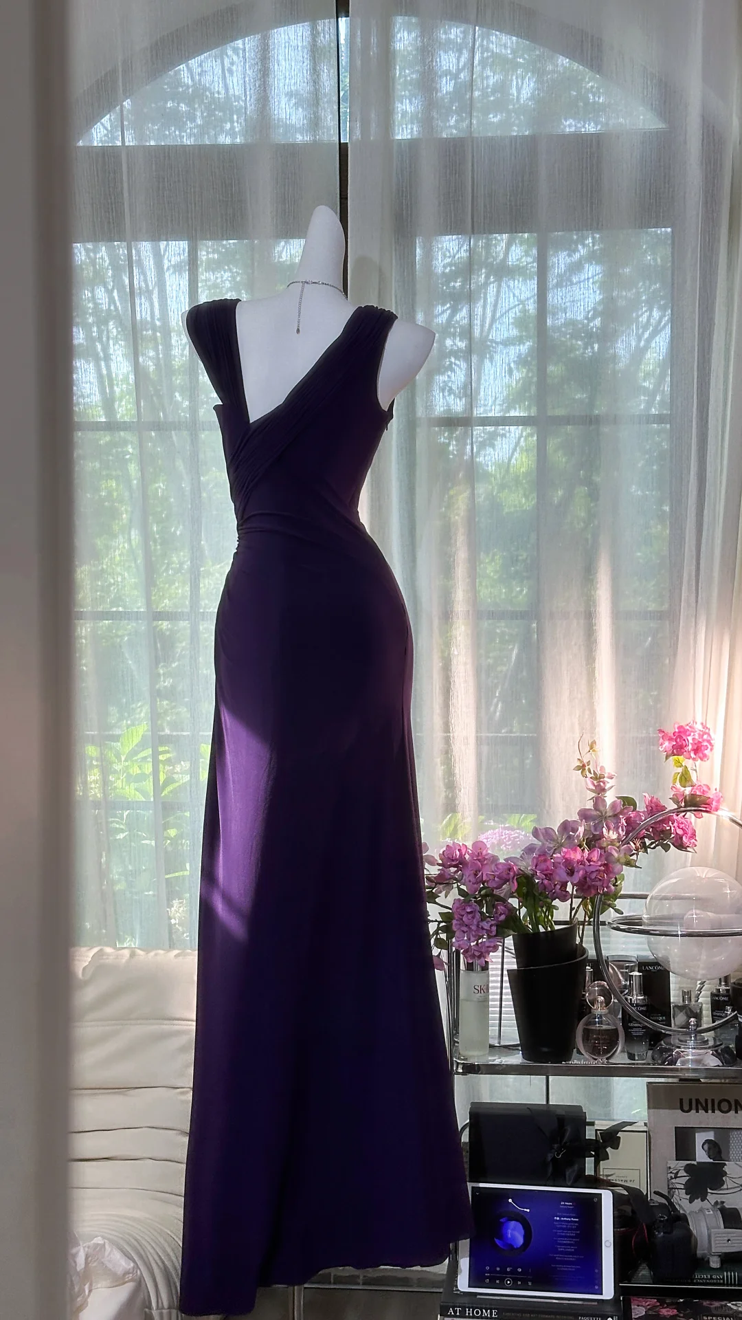 Pretty V Neck Purple Chiffon Beaded Mermaid Party Dress Formal Birthday Prom Dress D1171