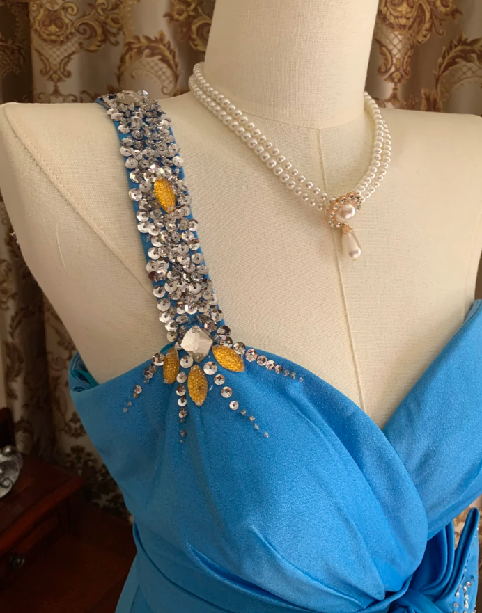 Vintage One Shoulder Blue Satin Beaded Long Wedding Guest Dress Birthday Party Dress With Bow D1751