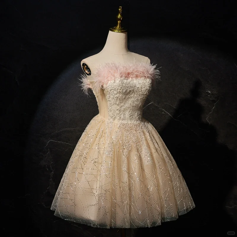 Cute Feathers Strapless Champagne Tulle A Line Short Homecoming Dress Birthday D595