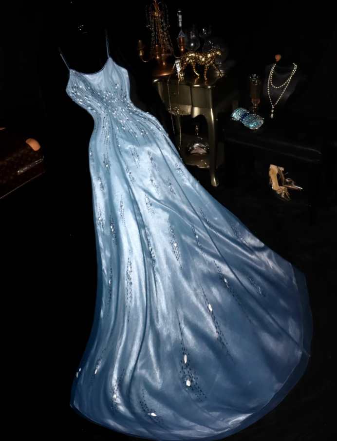 Glamorous Spaghetti Straps Blue Satin Tulle Beaded Mermaid Evening Dress Long Party Gowns D934