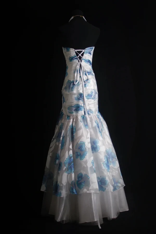 Elegant Sweetheart Neck Blue Tulle Print Floral Mermaid Long Prom Dresses Birthday Party Dress  D1516